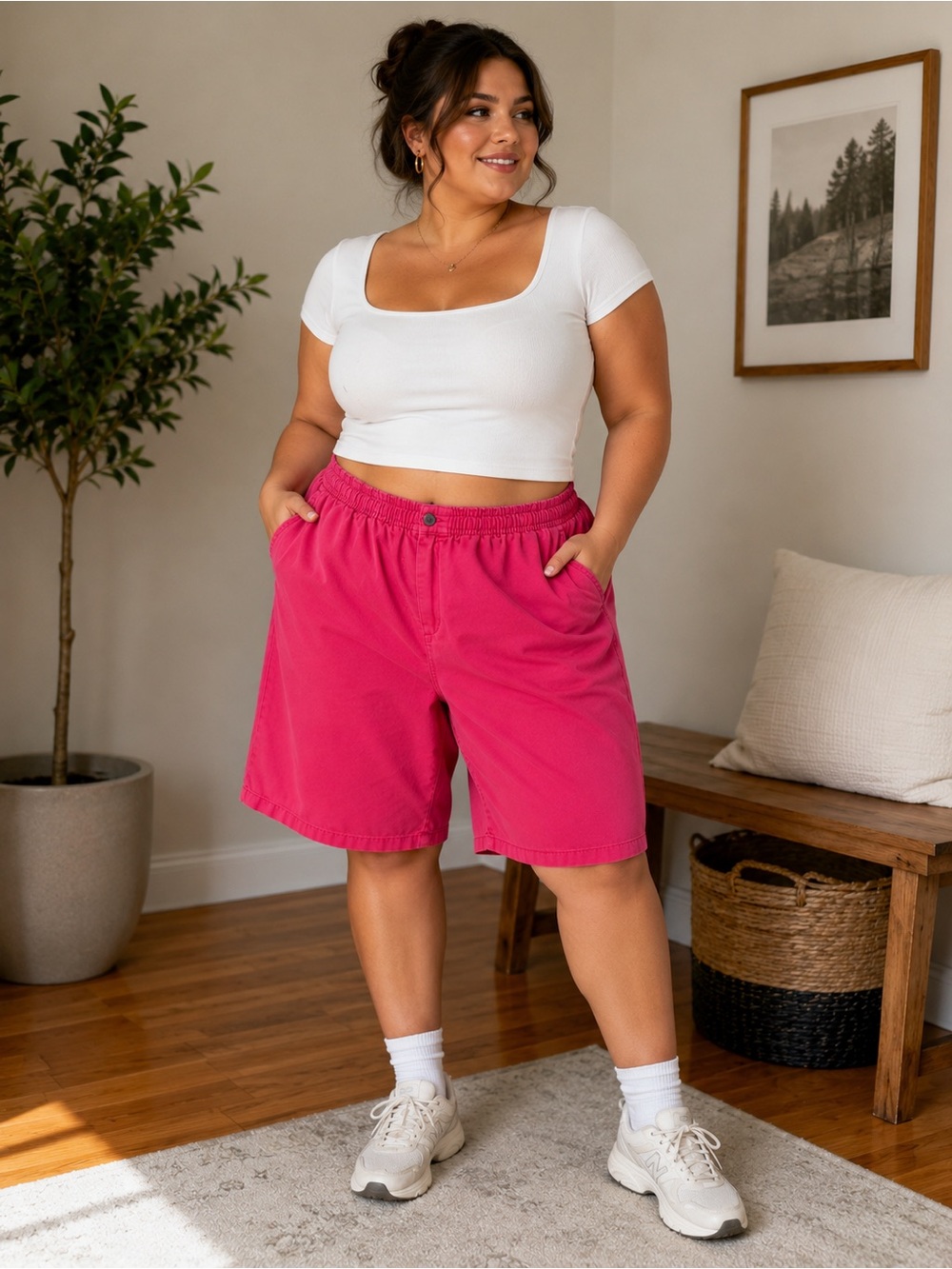 Woman Within Pink Bermuda Shorts Cotton Elastic Waist Plus Size 32W